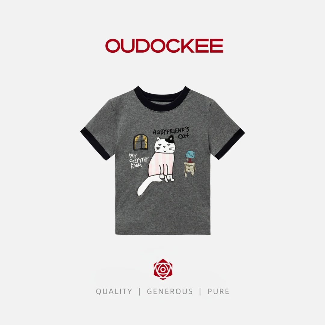 OUDOCKEE 鸥鸥【棉】茄菲猫 灰色T恤卡通短袖圆领 T2502U407T