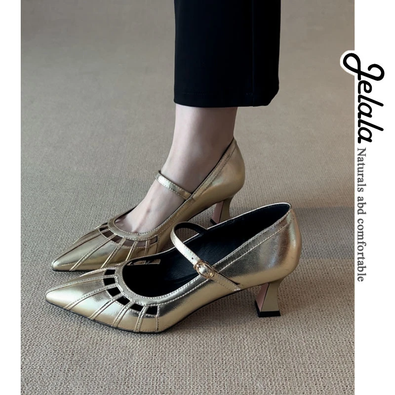 JELALA·小个子法式气质尖头镂空一字扣带浅口优雅百搭高跟单鞋D64