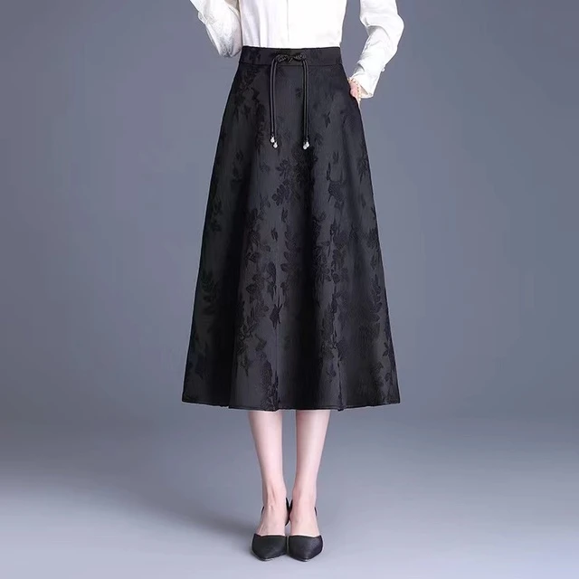 新中式国风半身裙女2025春夏季新款高腰中长款提花百褶大摆伞裙子