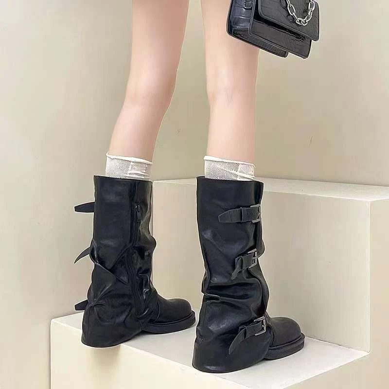 皮带扣褶皱厚底中筒靴女2025秋冬季新款爆款裤管西部靴ins潮靴子