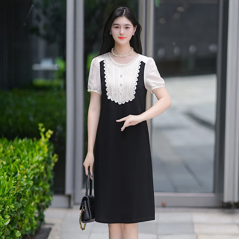 新款气质连衣裙夏季洋气黑色裙显瘦拼接设计感中长款裙子女