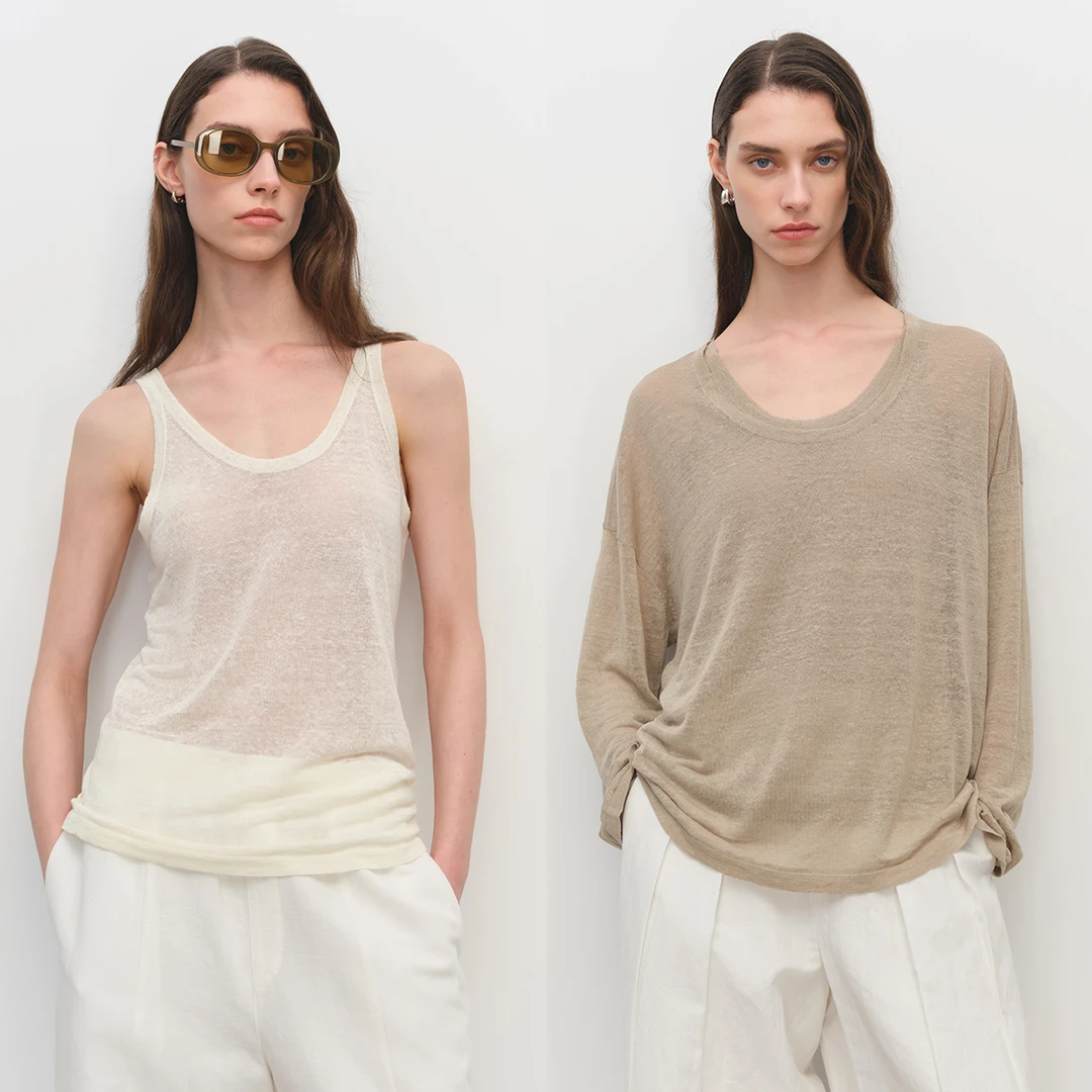 MSBEAST时髦叠穿风_干爽轻薄亚麻纱微透低U领长袖罩衫/背心两件套