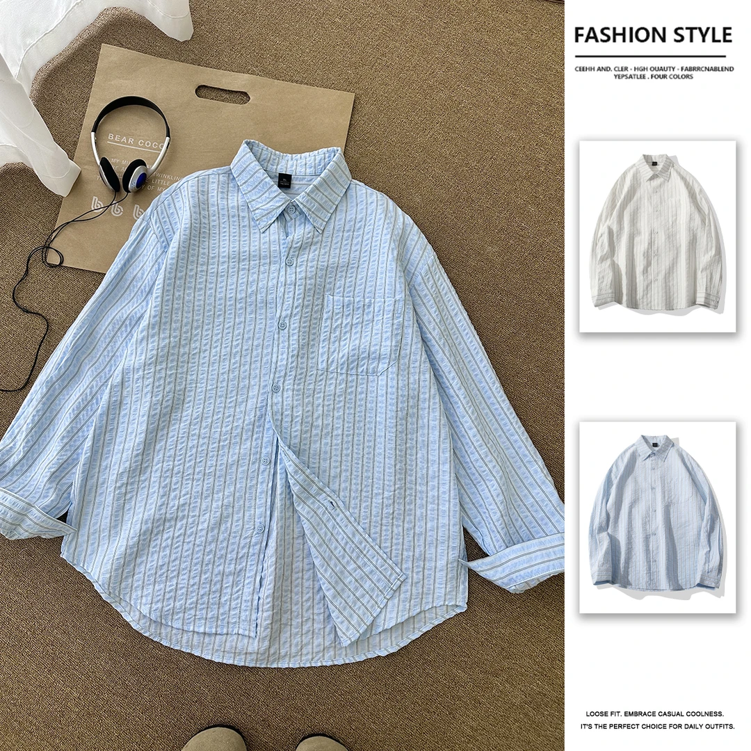 夏季衬衣条纹薄款防晒外套泡泡衫肌理衬衫宽松休闲衬衫男款长袖