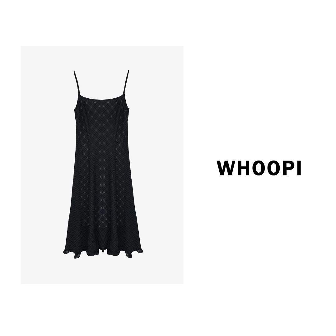 【Whoopi】【苏格兰邂逅】法式泡泡皱感肌理格纹吊带不规则大摆连衣裙