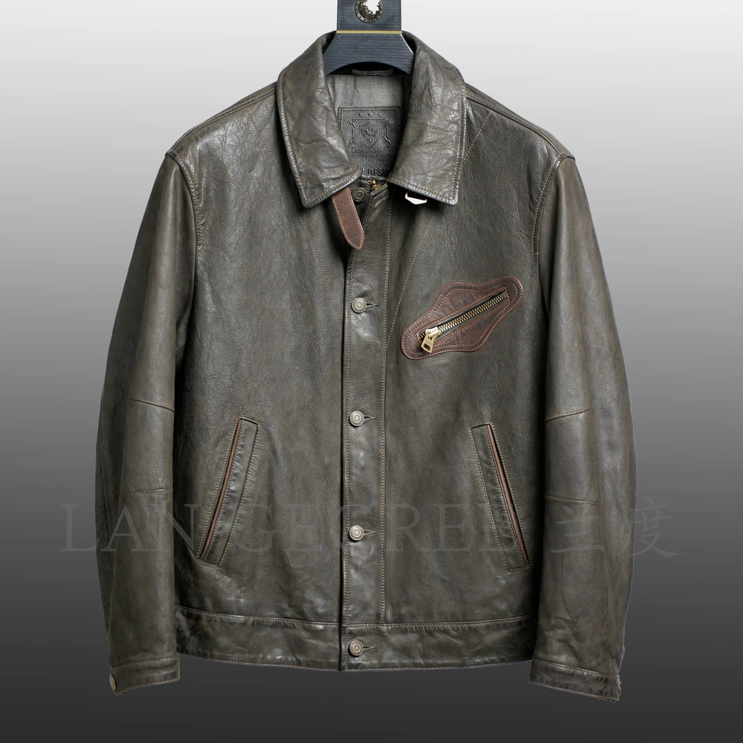 重水洗山羊皮轻奢男装真皮夹克复古时尚百搭男款立领休闲潮牌高端