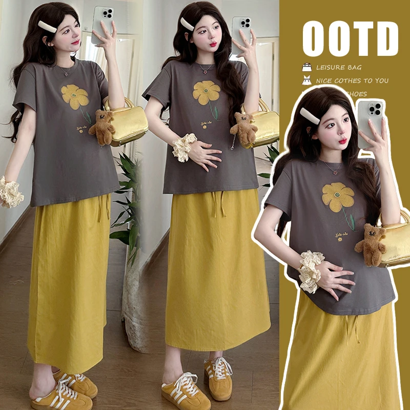 孕妇套装夏季新款时尚洋气减龄花朵印花短袖休闲显瘦抽绳半身裙子