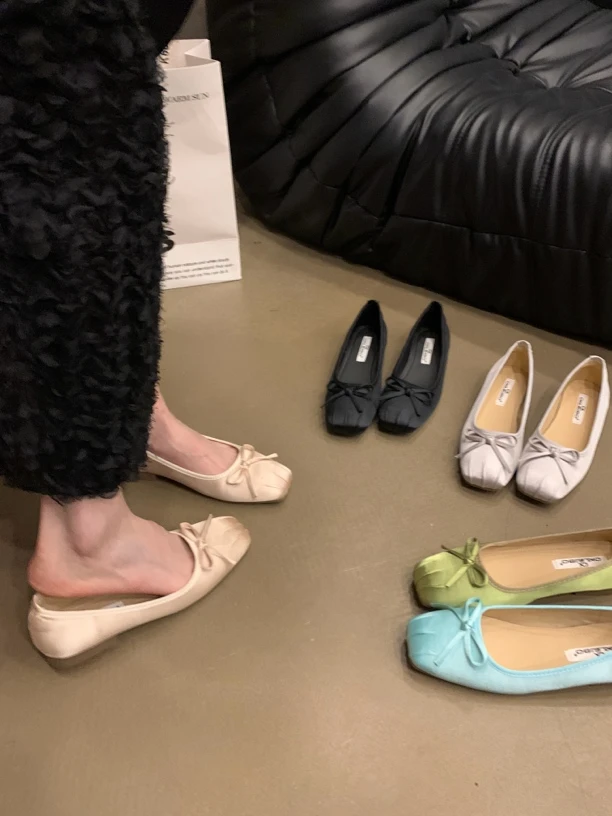 法式温柔风晚晚鞋浅口方头蝴蝶结缎面芭蕾舞鞋子百搭不累脚单鞋女