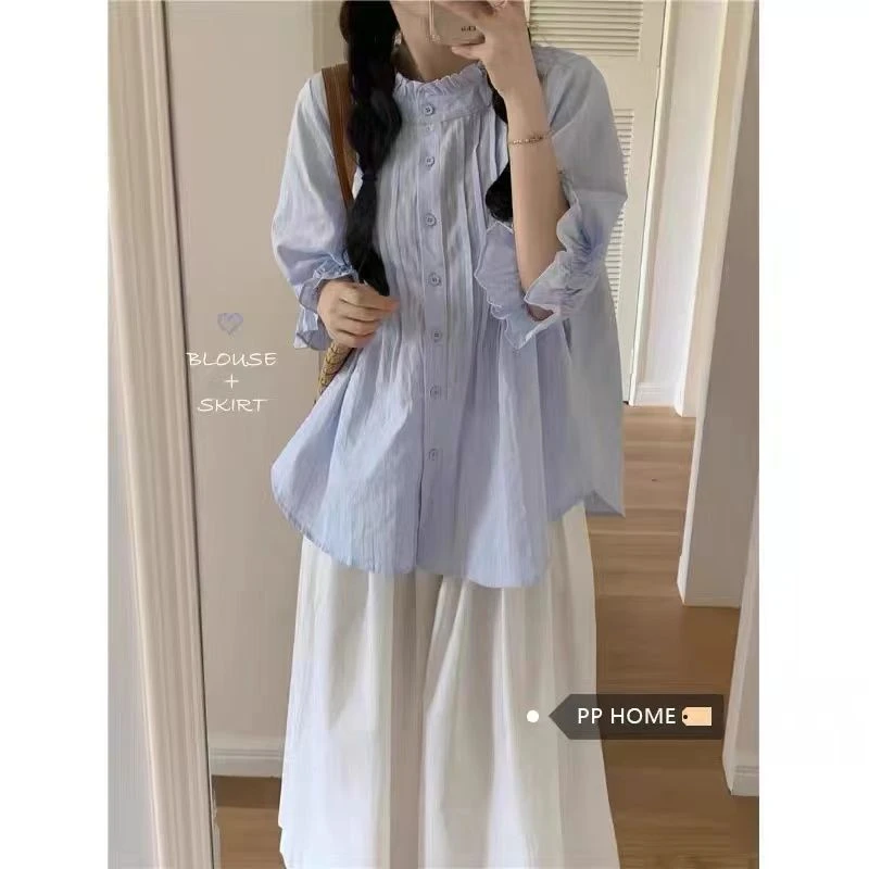 泡袖花边立领白衬衫女夏季2025新款甜美法式褶皱长袖外穿上衣