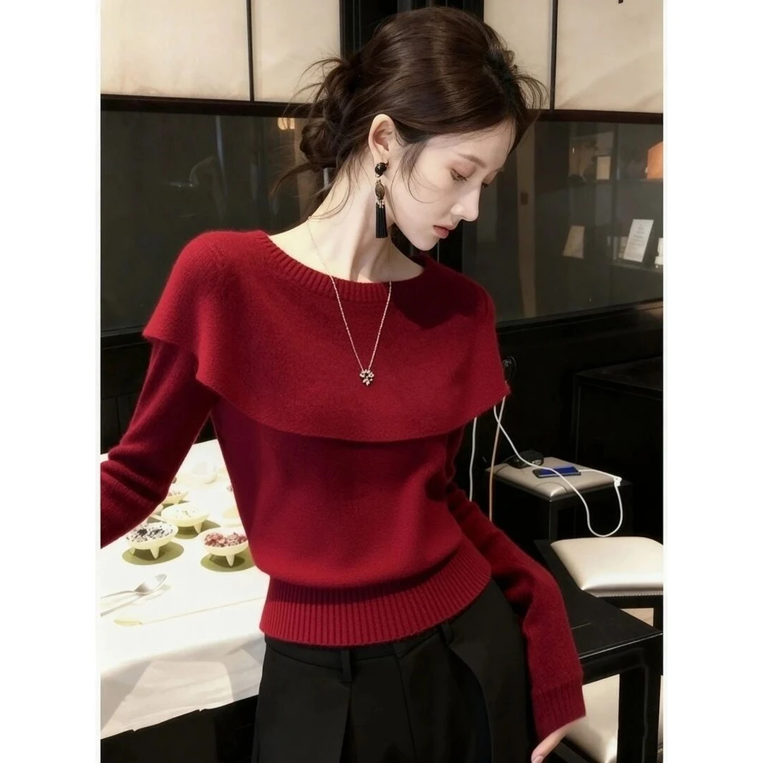 2025新款安可拉红色高级感软糯毛衣女装秋冬季欧货新年红针织上衣