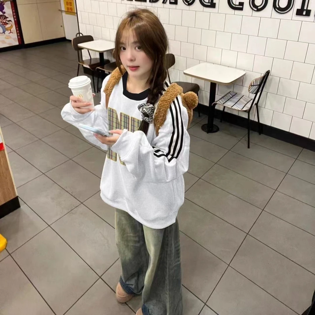 国潮街头oversize三条杠薄款卫衣女春秋美式复古百搭休闲圆领上衣