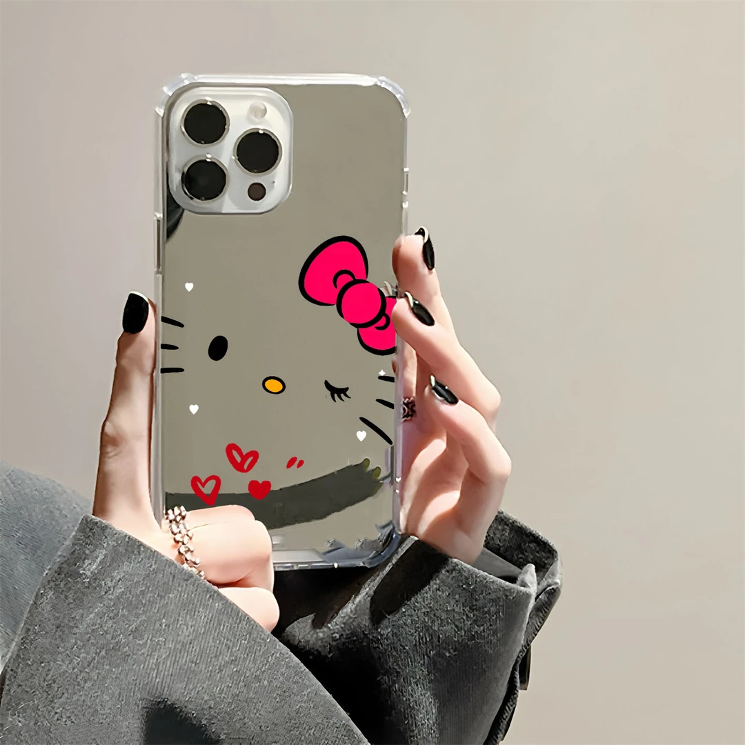 爱心蝴蝶结kt猫表情适用iPhone15苹果16promax手机壳14镜面13女12