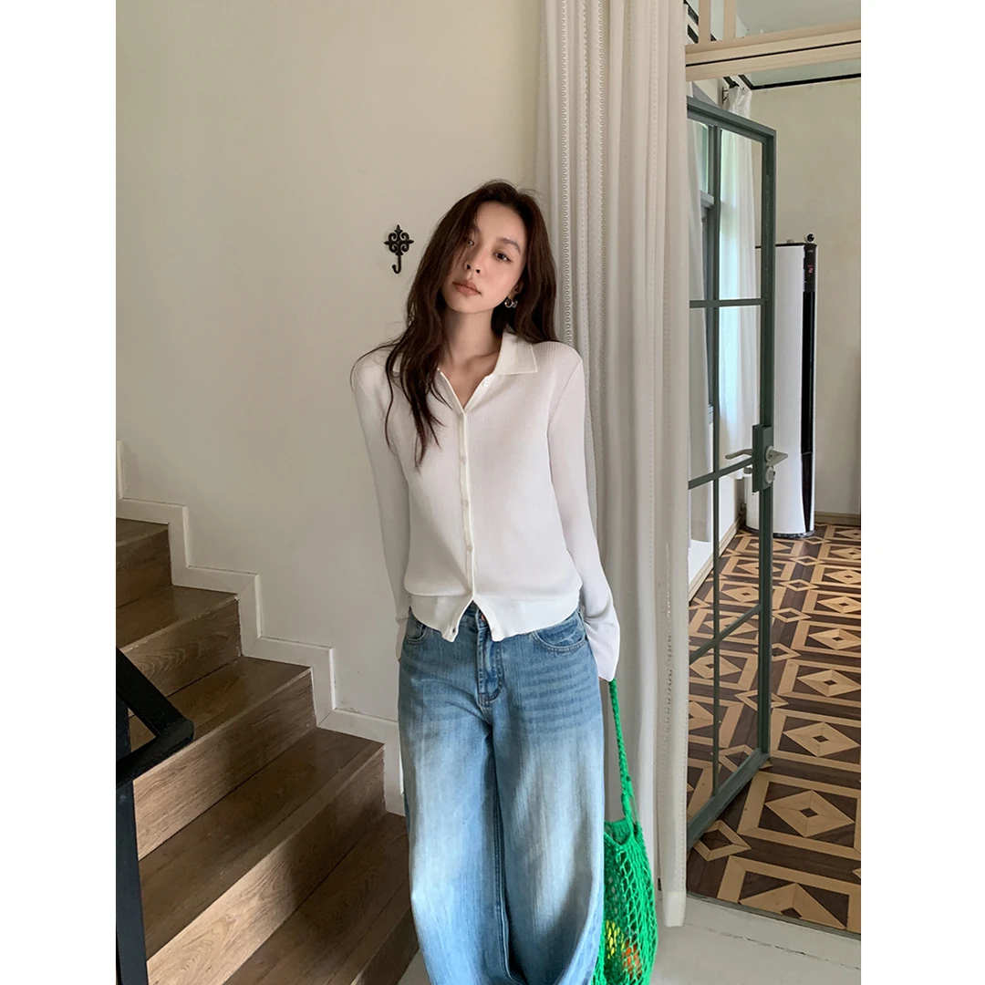 SIXI四喜家 翻领显瘦针织衫女秋修身气质短款针织开衫