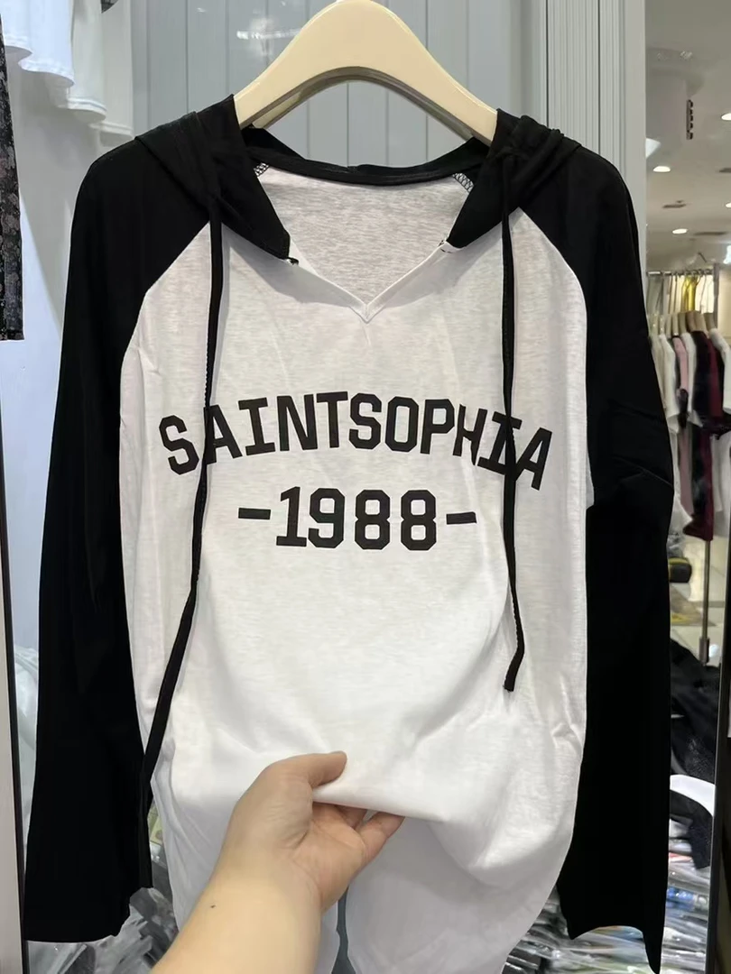 美式1988字母提花时尚百搭撞色连帽抽绳套头女士上衣长袖040920