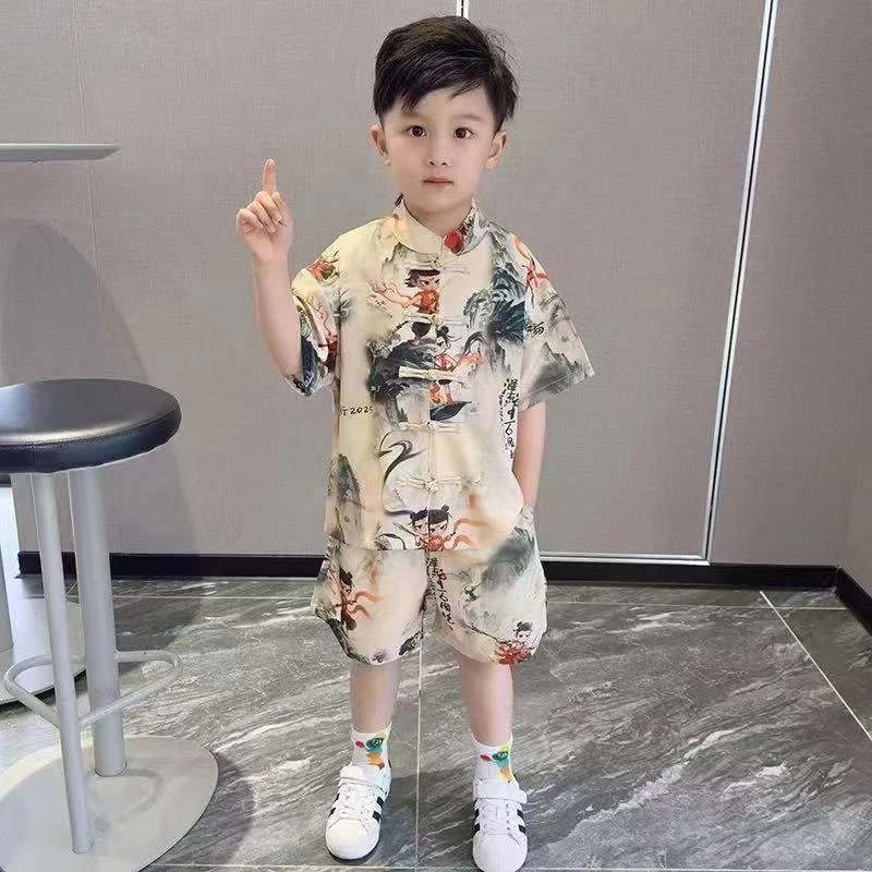 哪吒衣服儿童2025新款夏季汉服套装男童汉服夏装中式国风短袖唐装
