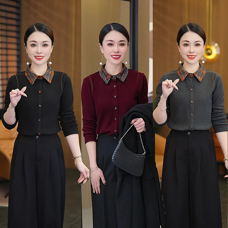 格子领加绒打底衫女秋冬洋气妈妈装时尚减龄衬衣设计感长袖上衣