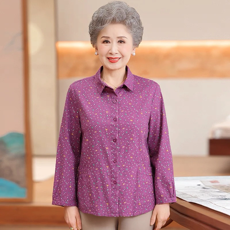 中老年女春夏季长袖纯棉衬衫妈妈奶奶碎花全棉上衣老太太夏天衣服