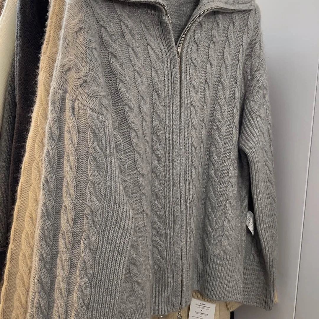 麻花 高领 双拉链 羊绒 开衫