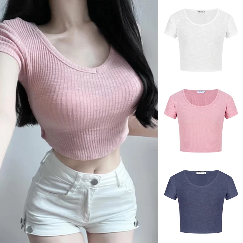 Moses Queen/魔西女王韩系简约弹力粉色短袖T恤V领修身短款上衣