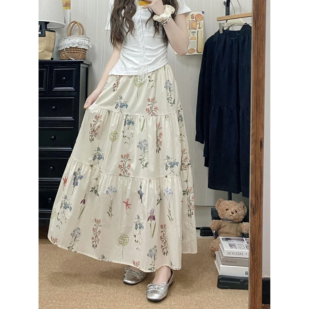 2025田园风小碎花春夏活力甜美蛋糕裙松紧高腰半身裙大摆裙伞裙子
