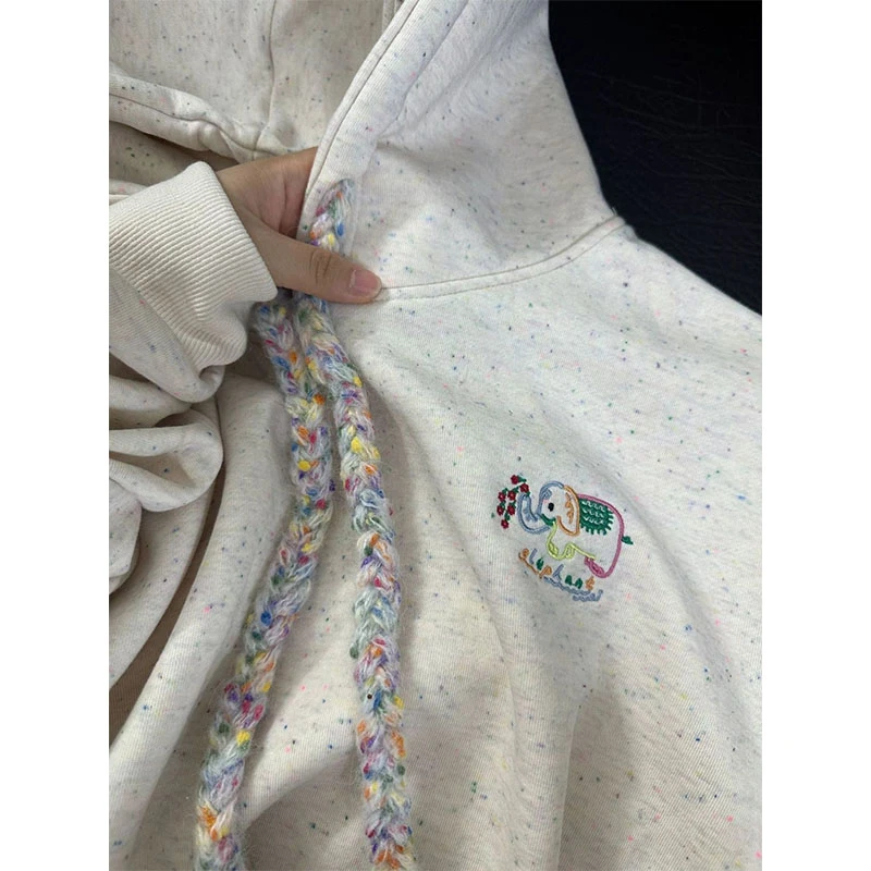 美式vintage加绒加厚连帽卫衣女秋冬季彩点小象刺绣宽松外套上衣