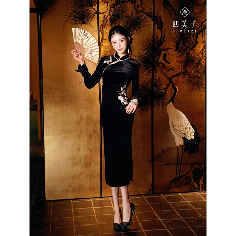 四美子【墨色生花】秋季新款新中式日常黑色显瘦刺绣改良旗袍连衣裙