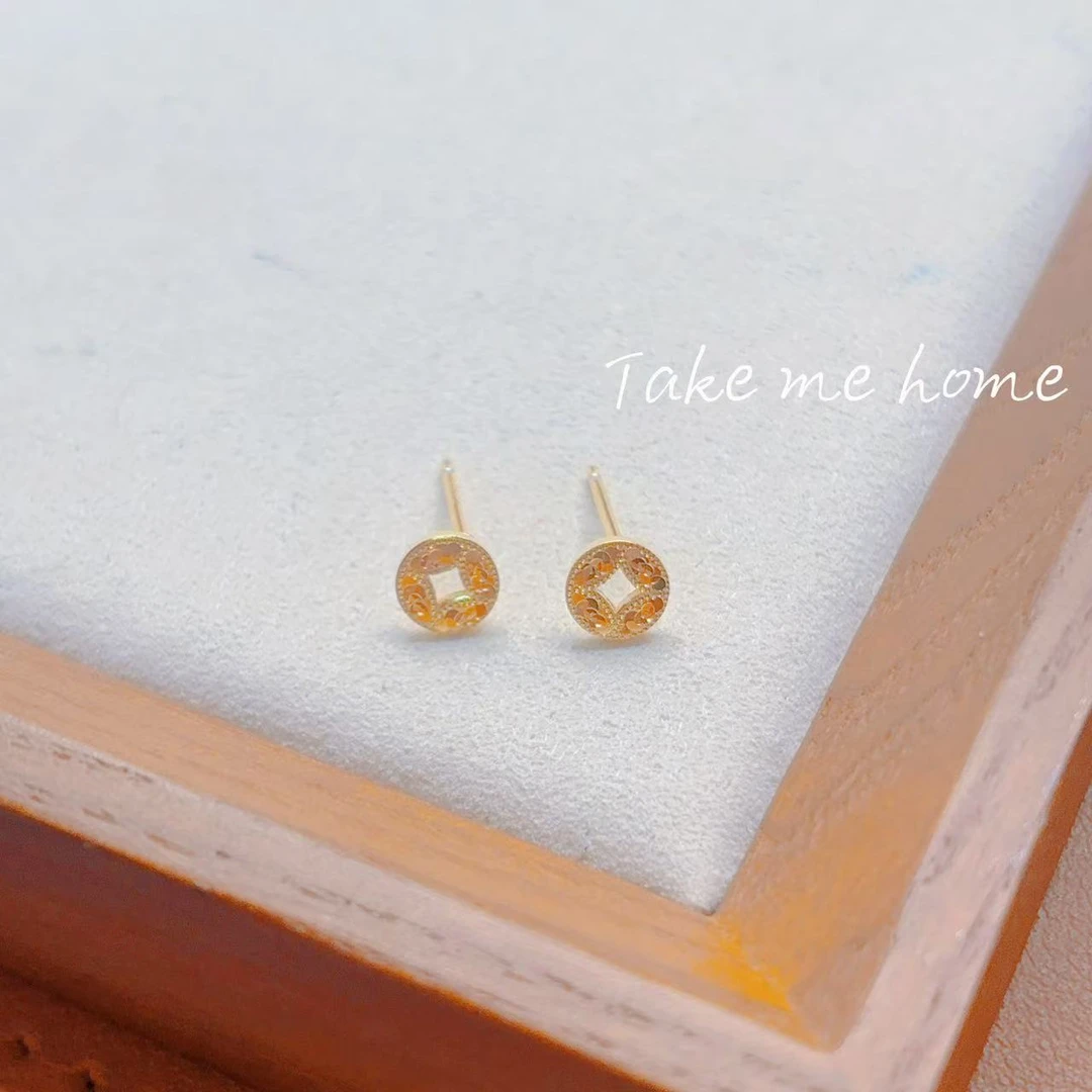 足银耳饰 足银999气质小钱币耳钉耳环迷你金色百搭简约精致