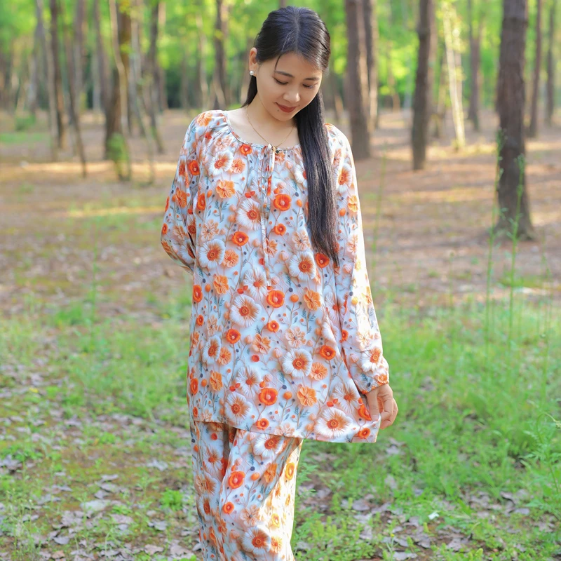 睡衣女2025新款春秋季莱赛尔长袖简约大码夏季可外穿家居服套装