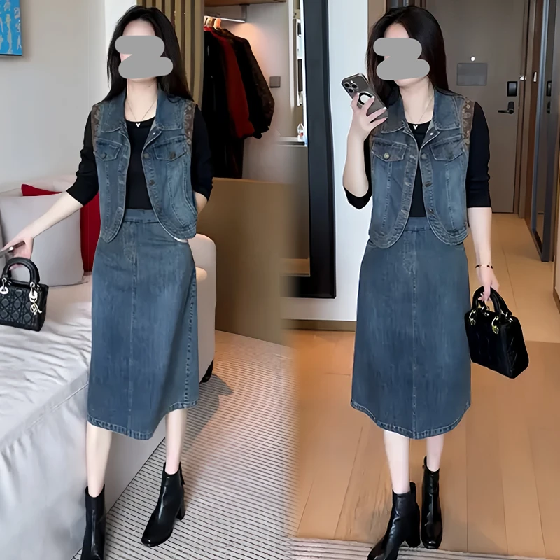 高含棉韩版时尚牛仔套装女2025年秋冬新款显瘦马甲半身裙两件套
