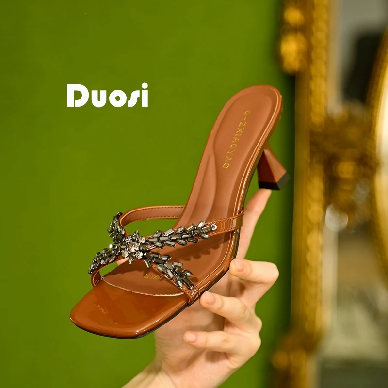 【DUOSI】6.5cm银色一字拖鞋女夏季外穿细跟高跟鞋时尚凉拖鞋AN2913