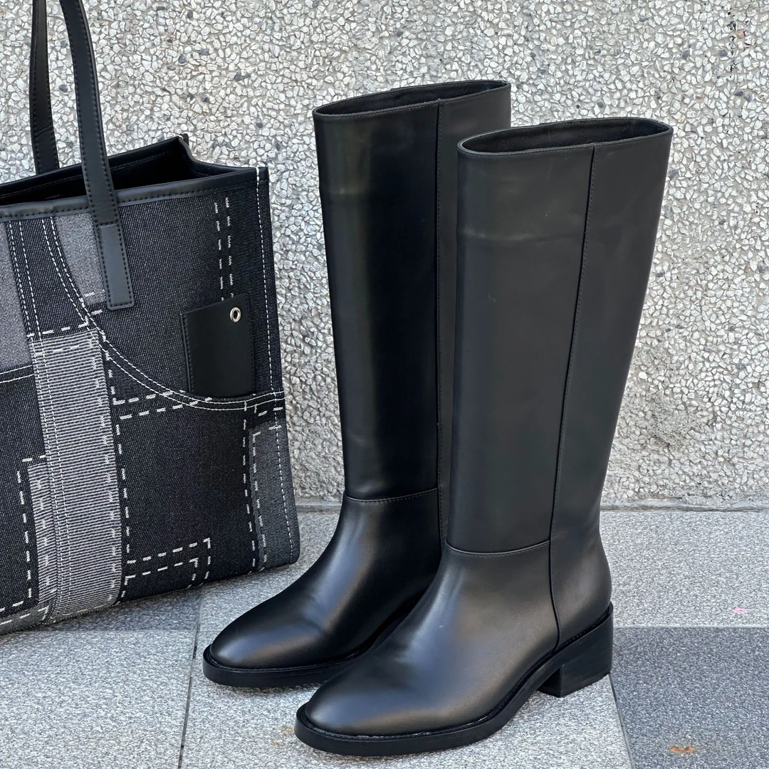 黑色长筒靴女新款厚底长筒骑士靴女真皮靴子加宽大筒围