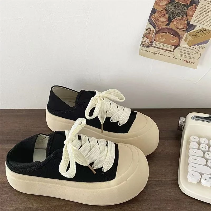 M01-2黑色奶乎乎低帮半拖帆布鞋休闲百搭小众学生韩厚底版鞋