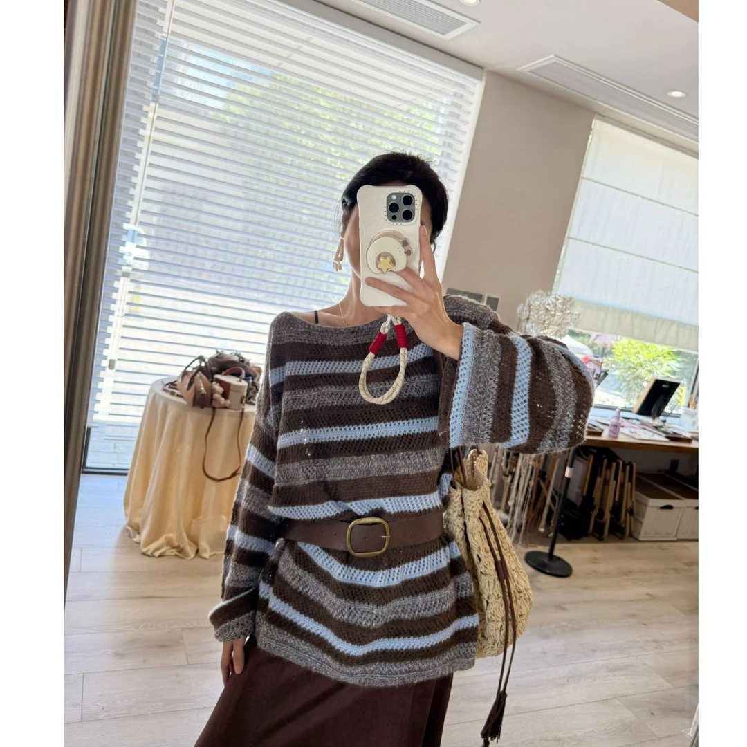 小香风撞色老钱风长袖圆领针织毛针织衫拼色宽松条纹