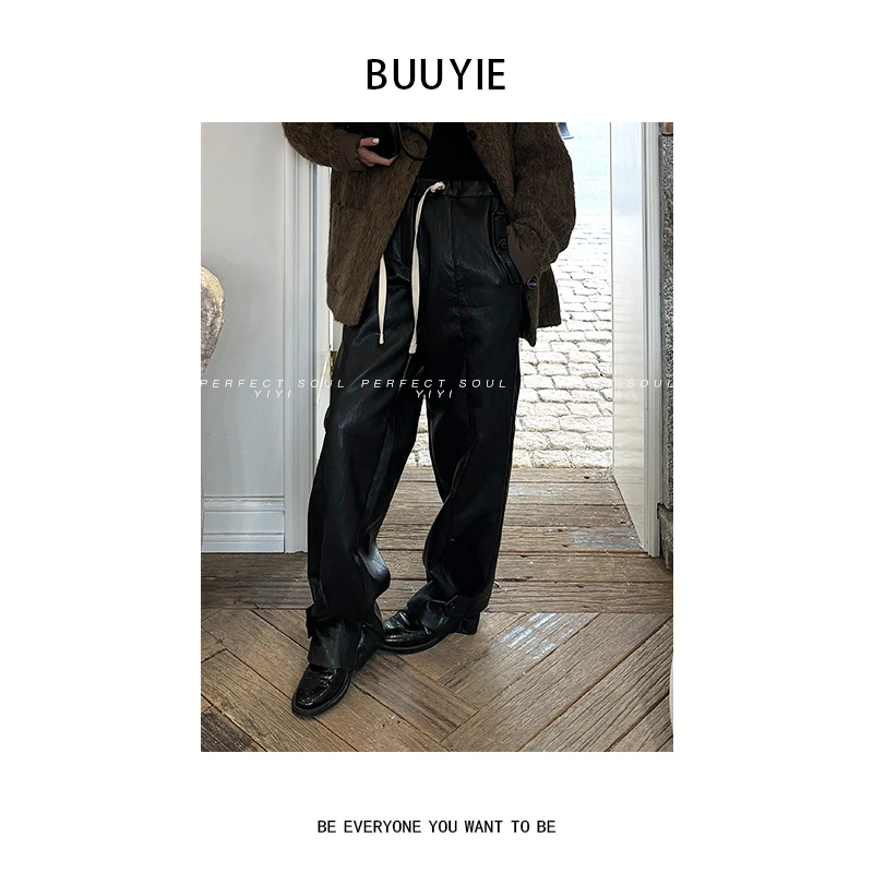 BUUYIE 25SS【西西里岛】时髦新款个性百搭抽绳皮裤 2470579