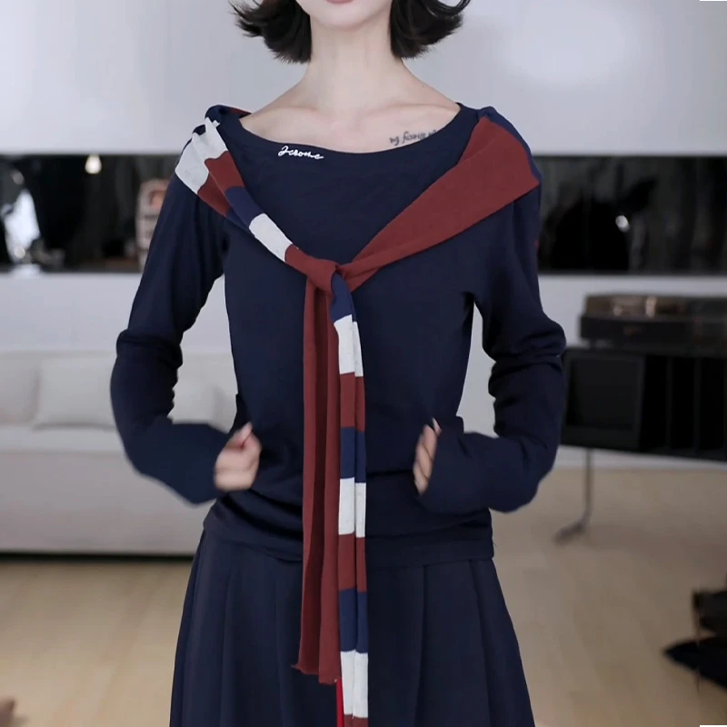韩系一字肩针织衫女秋设计感2025新款甜美拼接绑带送披肩洋气上衣