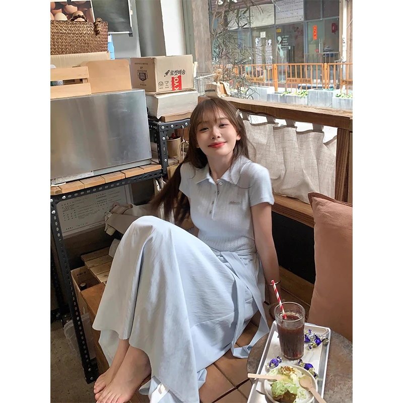 品质女装夏季新款气质设计感独特漂亮显瘦连衣裙蓝色大方短袖裙子