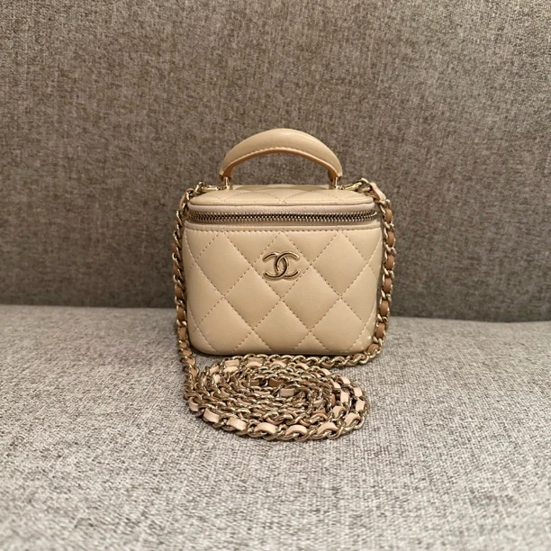 99新 Chanel/香奈儿 99新奶茶拼色带芯片小盒子包/917058030