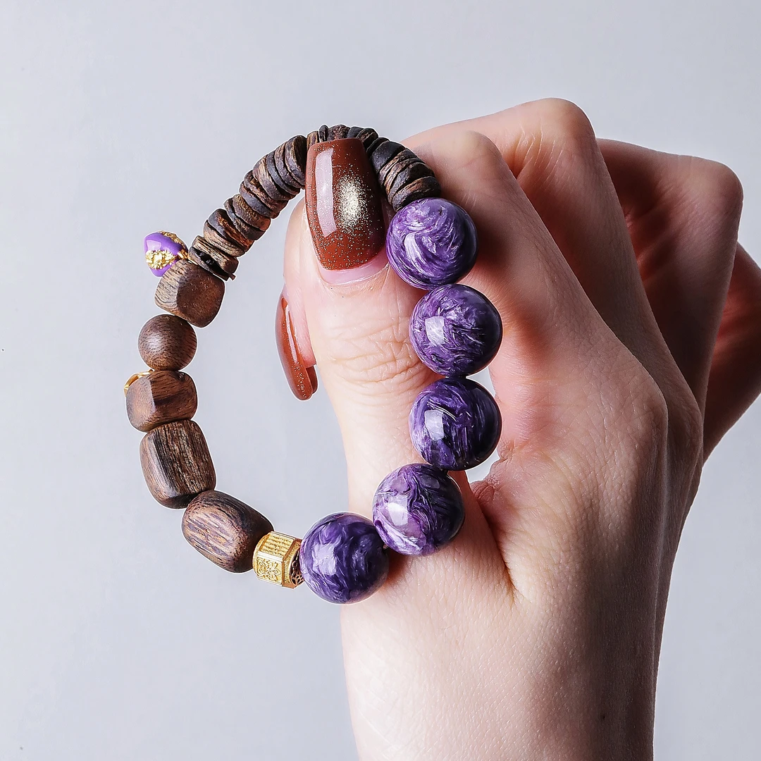 925银木质手链 七 <紫烟> S09459扎基拉姆六面桶珠紫色串珠手链