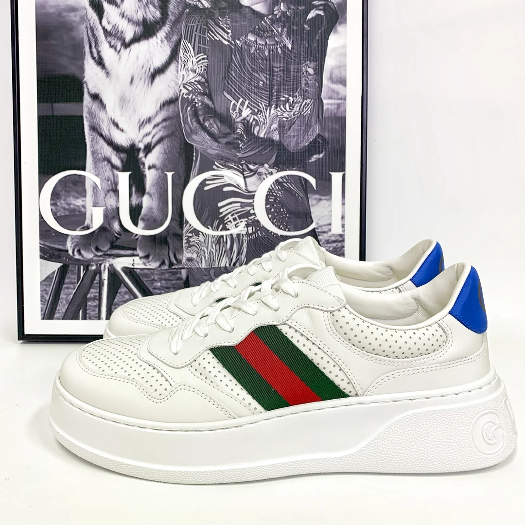 全新未使用 GUCCI/古驰 古驰 Chunky系列红绿织带蓝尾白色饼干鞋