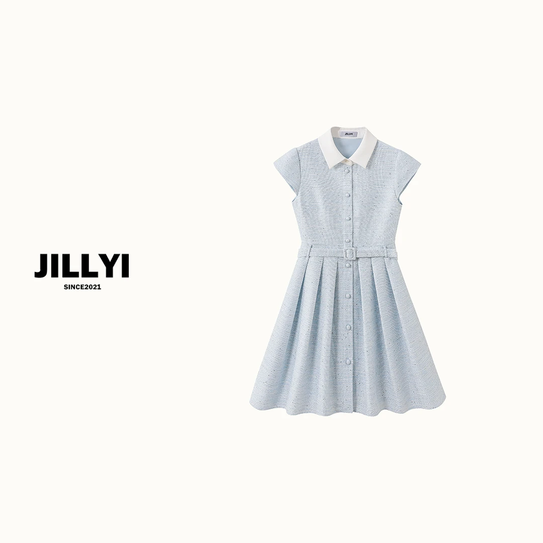 jillyi【清冷晴空】夏季款亮片点缀气质天蓝色拼白色领无袖连衣裙