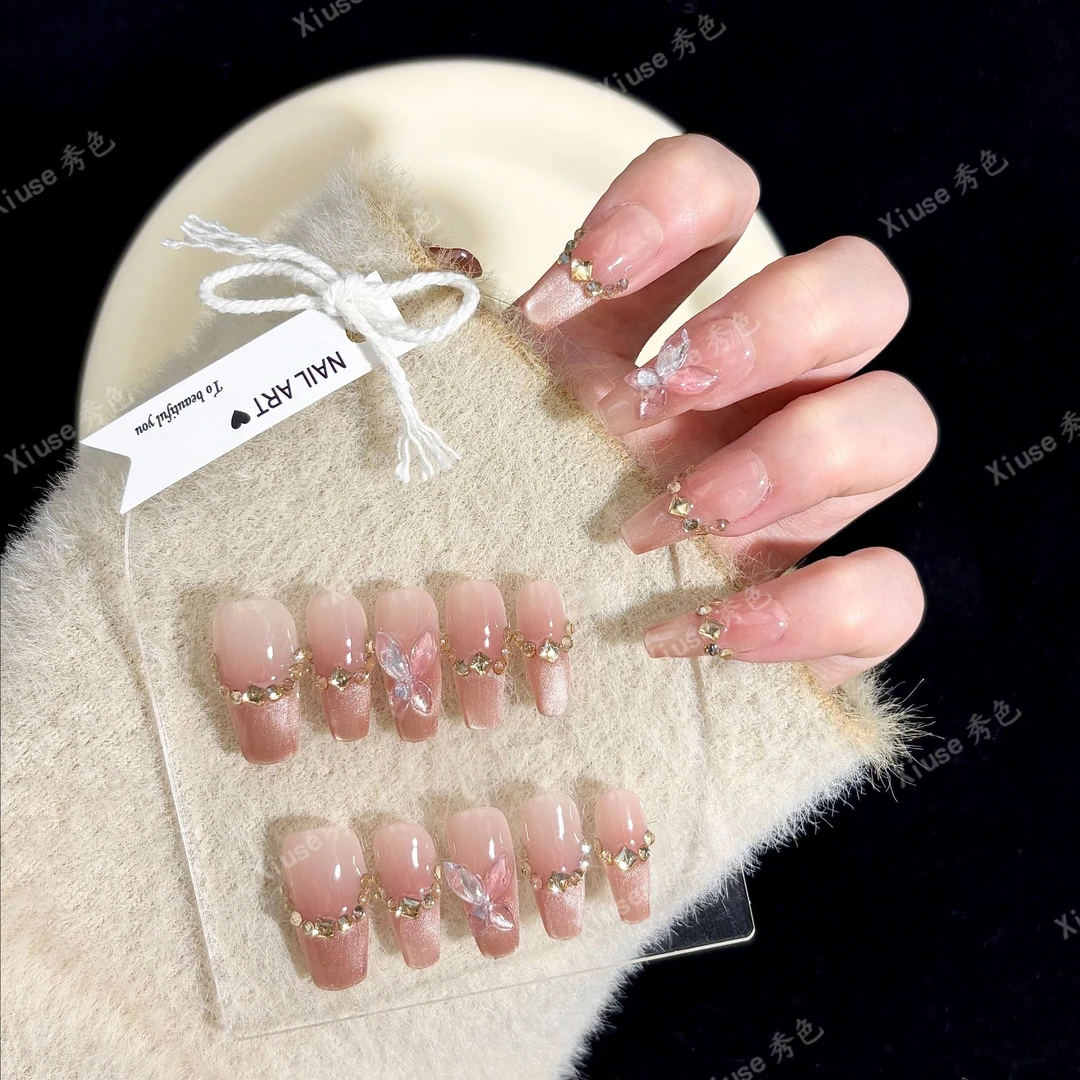 【蝶舞梦境】秀色裸色猫眼渐变美甲爆闪带钻蝴蝶手工短款穿戴甲甲片