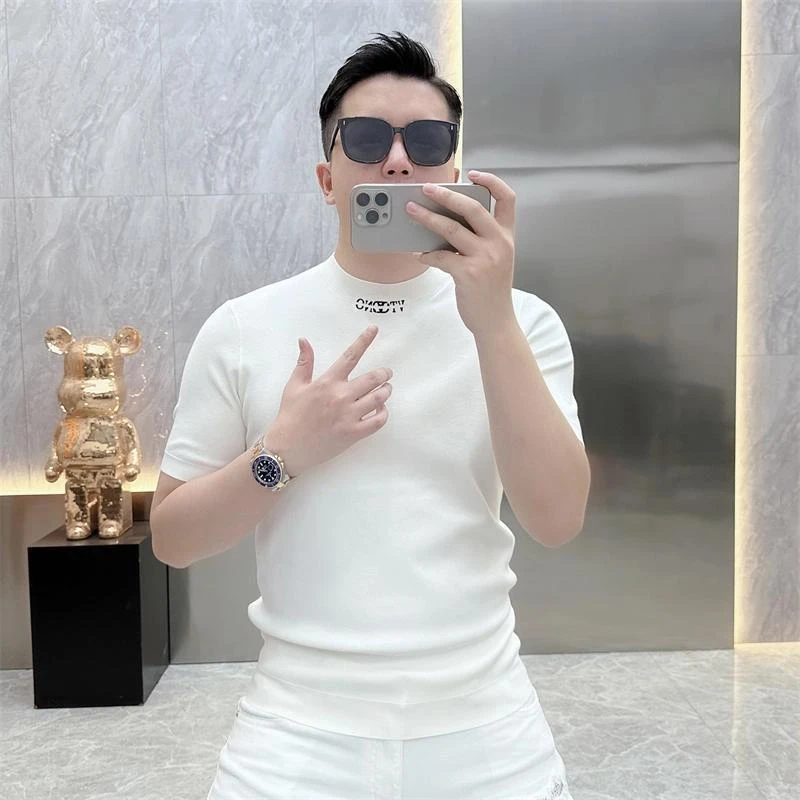 毛衣男秋季新款个性潮牌字母提花修身帅气百搭圆领短袖针织衫男潮