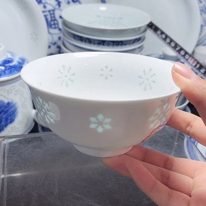 碗素玲珑雕塑雪花五寸饭碗12个