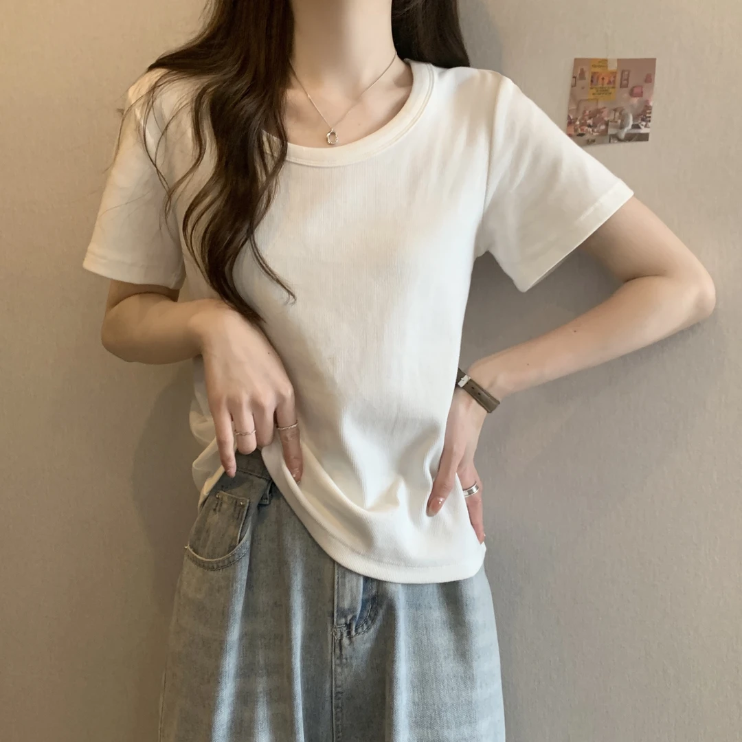 大码新款螺纹水滴U领纯色韩系百搭显瘦短袖T恤夏季薄款透气不闷热