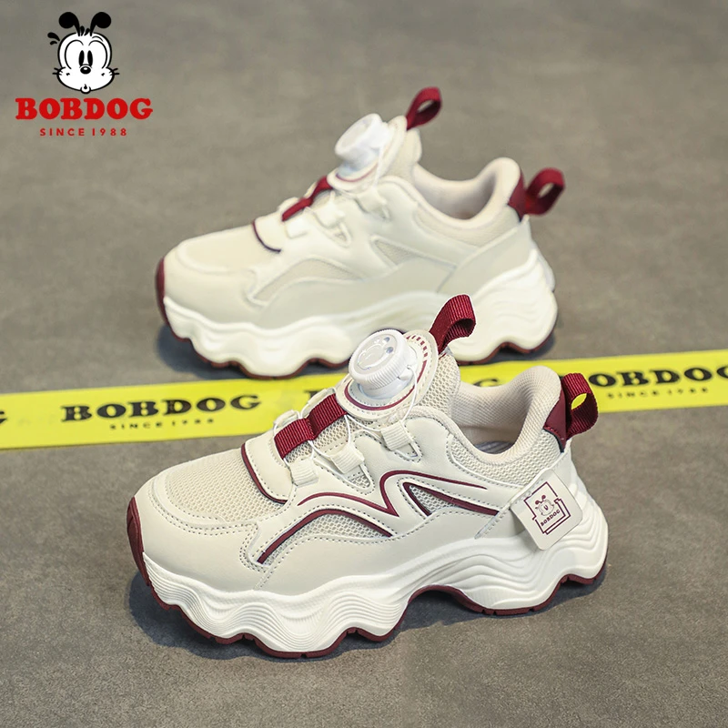 Bobdog/巴布豆秋季新款网面透气运动旋转纽扣鞋男女童跑步童鞋