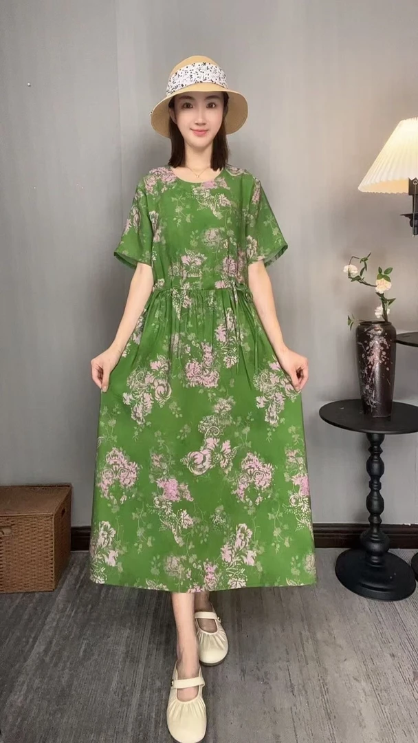 0009中老年女士修身连衣裙民族风连衣裙