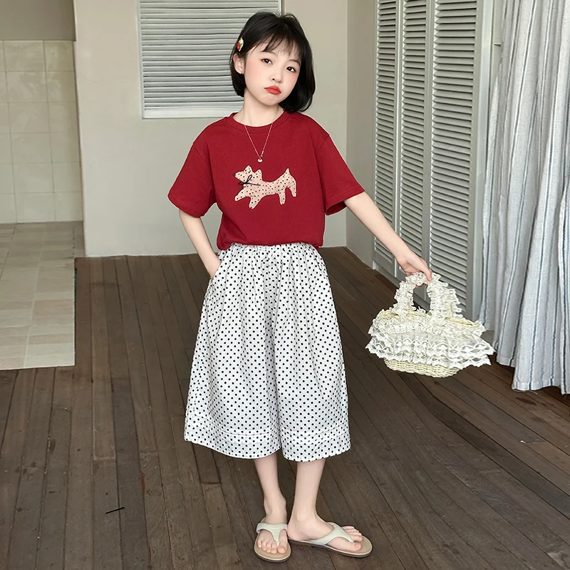 女童夏季时尚甜美短袖T恤套装2025新款中大儿童6-12-15薄款阔腿裤