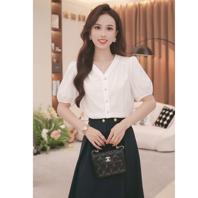 法式高级感V领显瘦短袖衬衫女2025夏季新款设计感小众时尚TU27137
