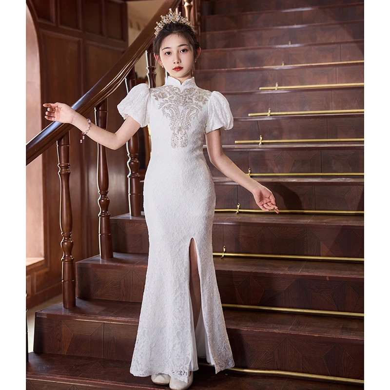 女童高端旗袍蕾丝礼服服装中国风钢琴演奏服儿童古筝服小主持人服