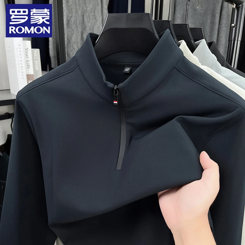 罗蒙男士简约时尚加绒立领半拉链长袖T恤简约秋冬保暖德绒打底衫