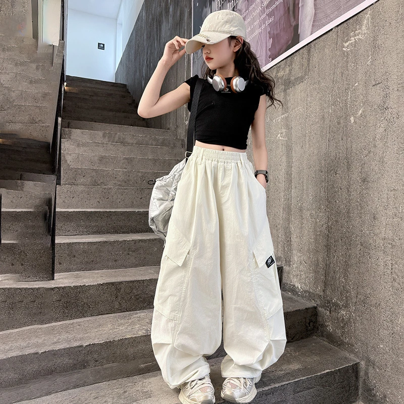 女童裤子百搭棉布工装裤年夏季新款内里带安全裤中大童阔腿裤长裤